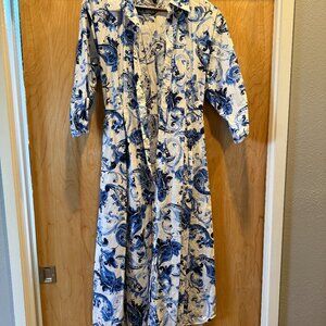 Zara Floral Poplin Blue White 100% Cotton A-line Shirt Midi Dress